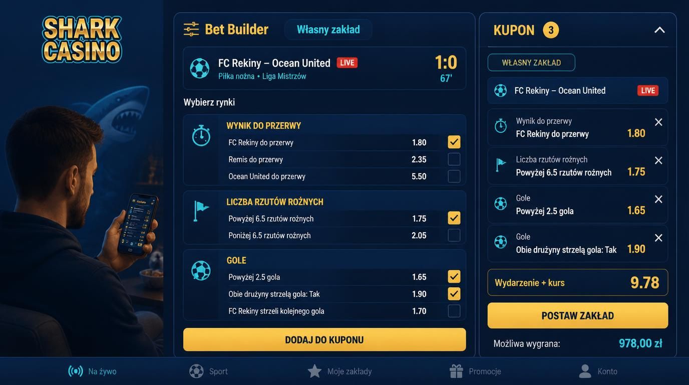 interfejs bet builder w shark casino na jednym meczu, z rynkami i kuponem