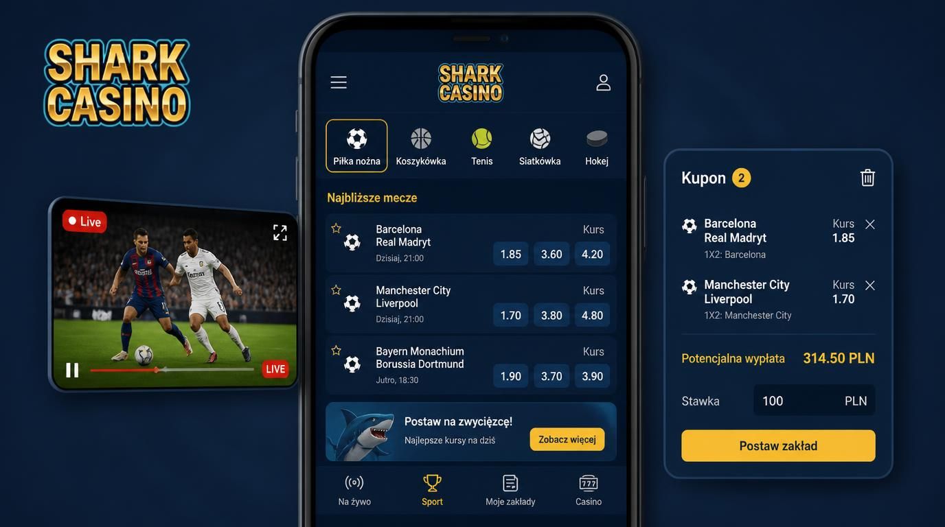 mobilny interfejs shark casino z kursami i potencjalna wyplata na zywo