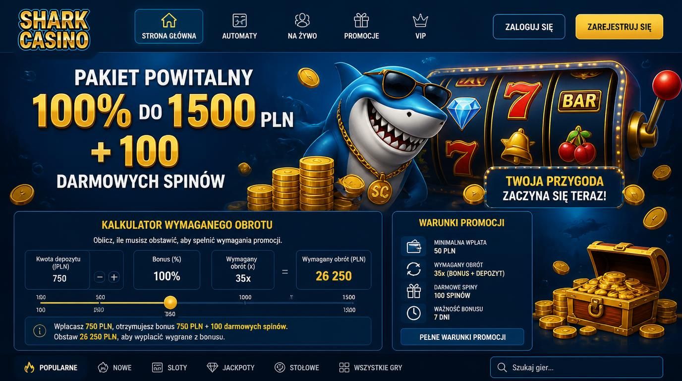 Promocyjny baner bonusu powitalnego w Shark Casino z 100% bonusem i darmowymi spinami