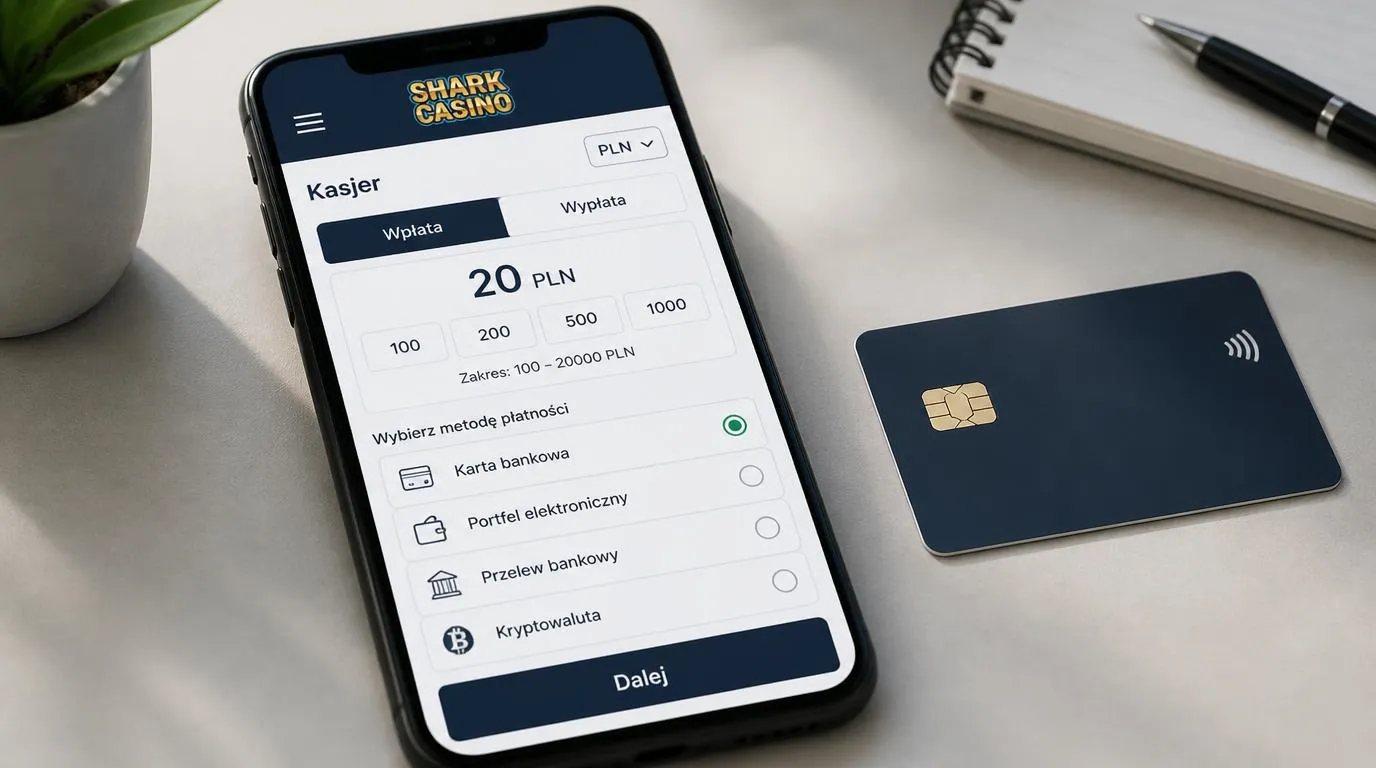 Widok kasjera na telefonie z walutą PLN, wpłatą 20 PLN i zakresem wypłat od 100 do 20000 PLN