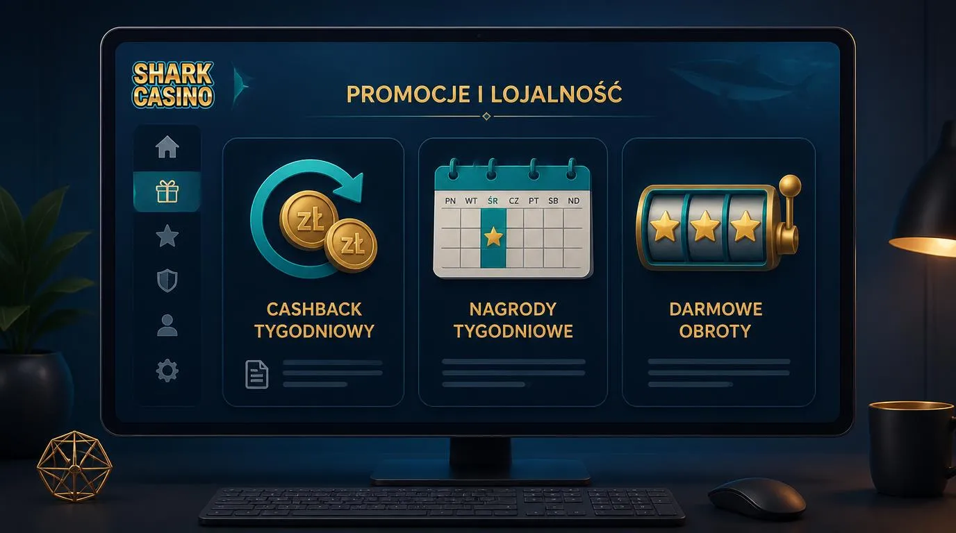 Panel promocji kasyna z tygodniowym cashbackiem, kalendarzem nagród i kartą darmowych spinów