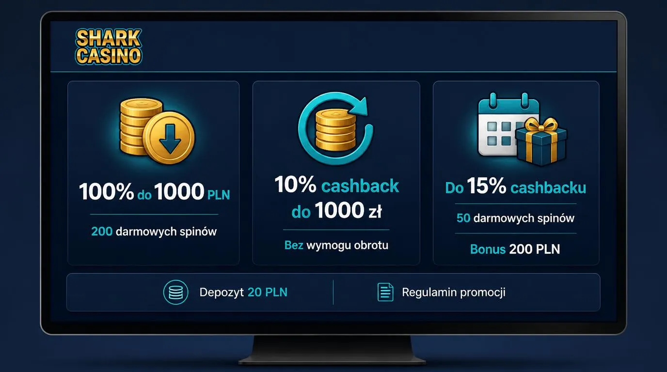 Trzy karty promocji kasynowych z bonusem powitalnym, cashbackiem tygodniowym i nagrodami za aktywność